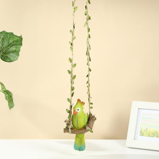 Parrot with Swing Ornaments Waterproof Resin Hanging Decoration Hemp Rope Simulated Green Leaf Design Lifelike Ornament for Balcony Courtyard