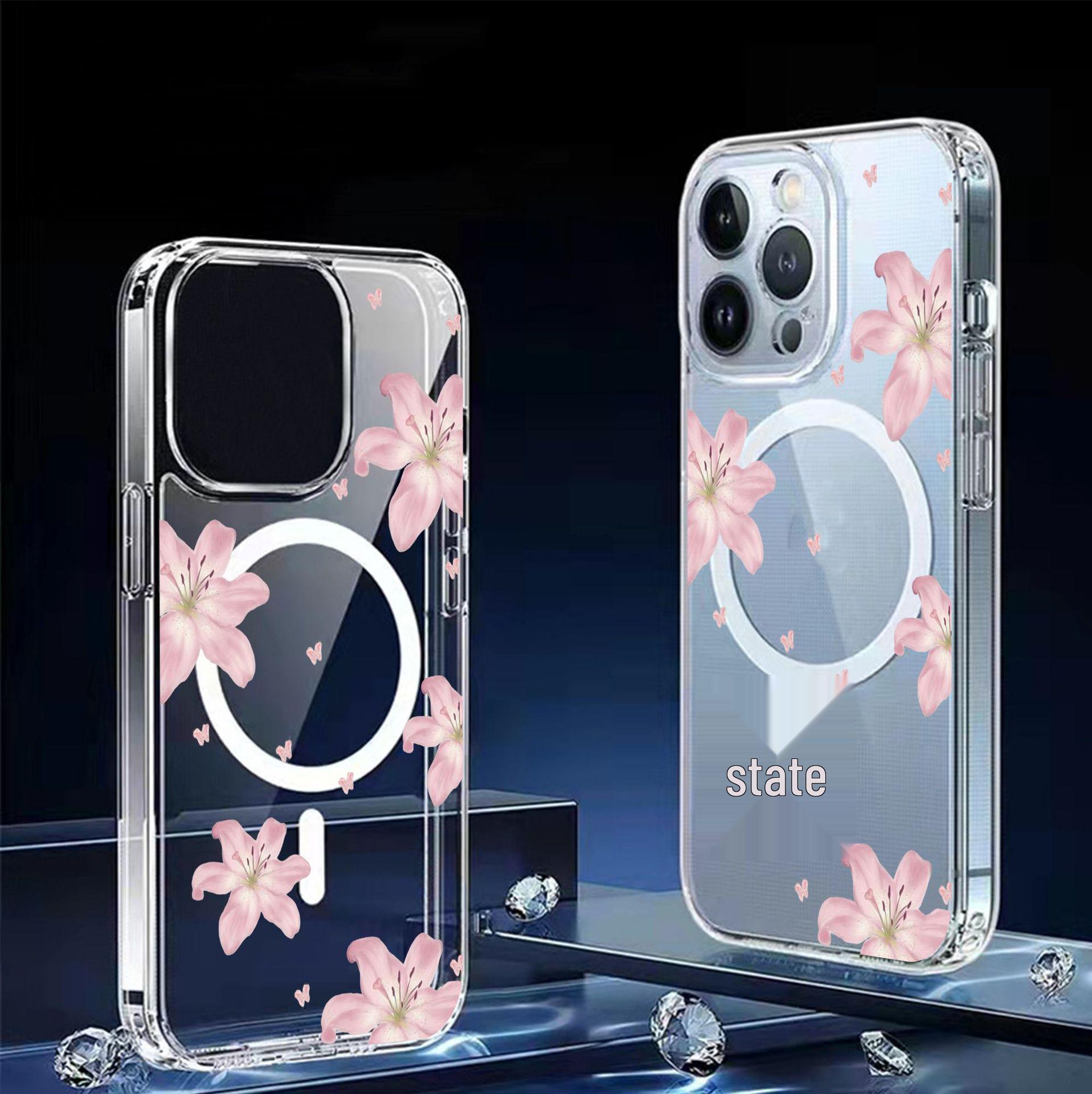 

Pink Lily Flower Magnetic iPhone 14-17 ProMax Clear Full-Cover Case iPhone 17 Pro Max прозрачный