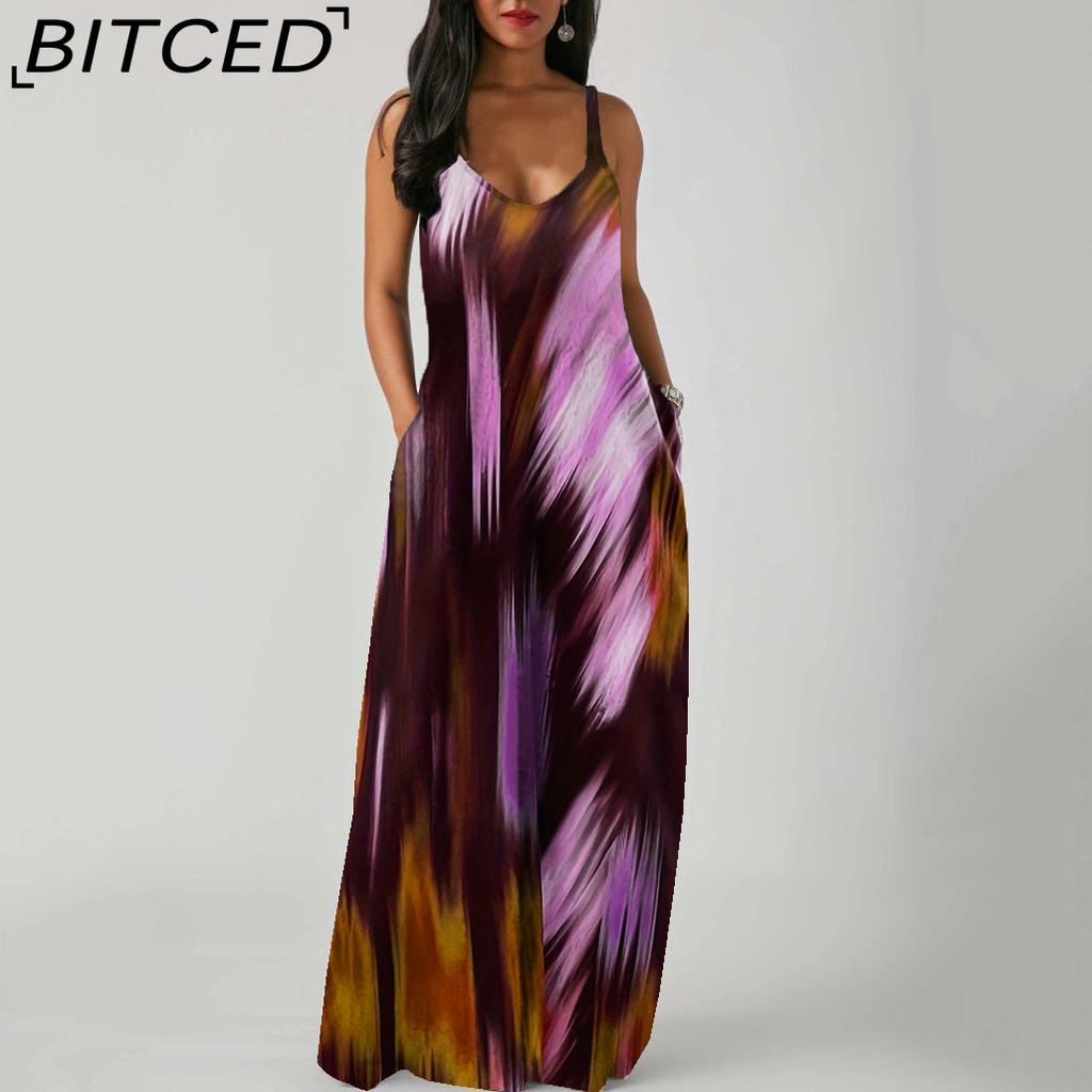BITCED Elegant Fashion Floor Length Sleeveless V Neck Simple Women Summer Retro Printed Loose Waist Straight Dress