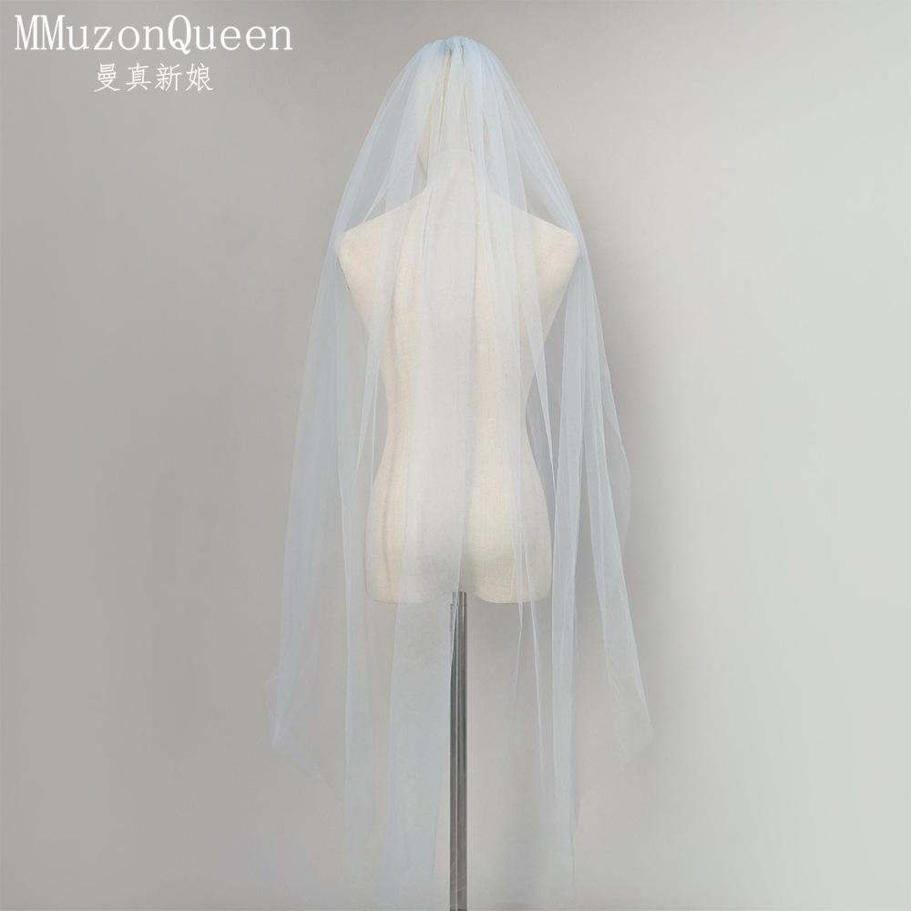 Plain Solid Color Tulle Bridal Veil Single Layer Soft Flowy Simple Wedding Veil White Lavender Light Blue Floor Length Veil For Bride Elopement Shoot