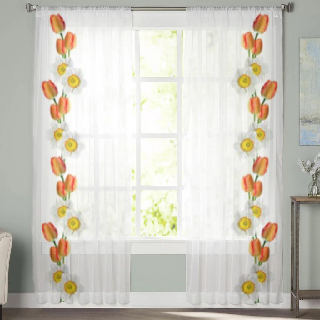 Tulip Daisy Flowers Tulle Curtain For Living Room Sheer Valance Curtain For Kitchen Bedroom Window Drapes