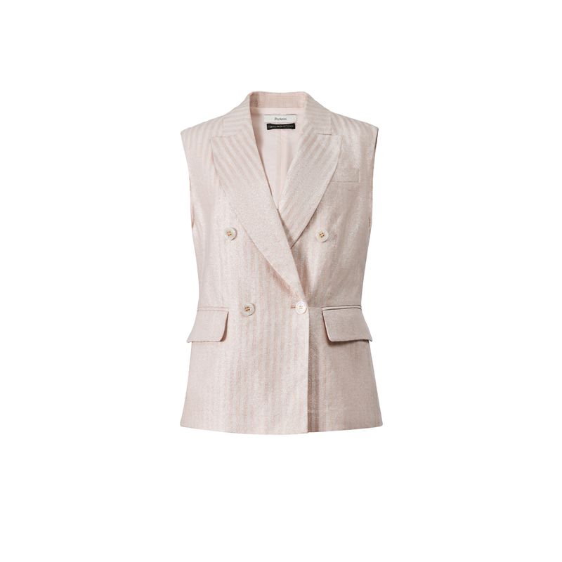 Blacknin "Heroine" Linen Gold and Silver Silk Thin and Glittering Closure Collar Stripes Pink Suit Outwear Vest Cropped Pants