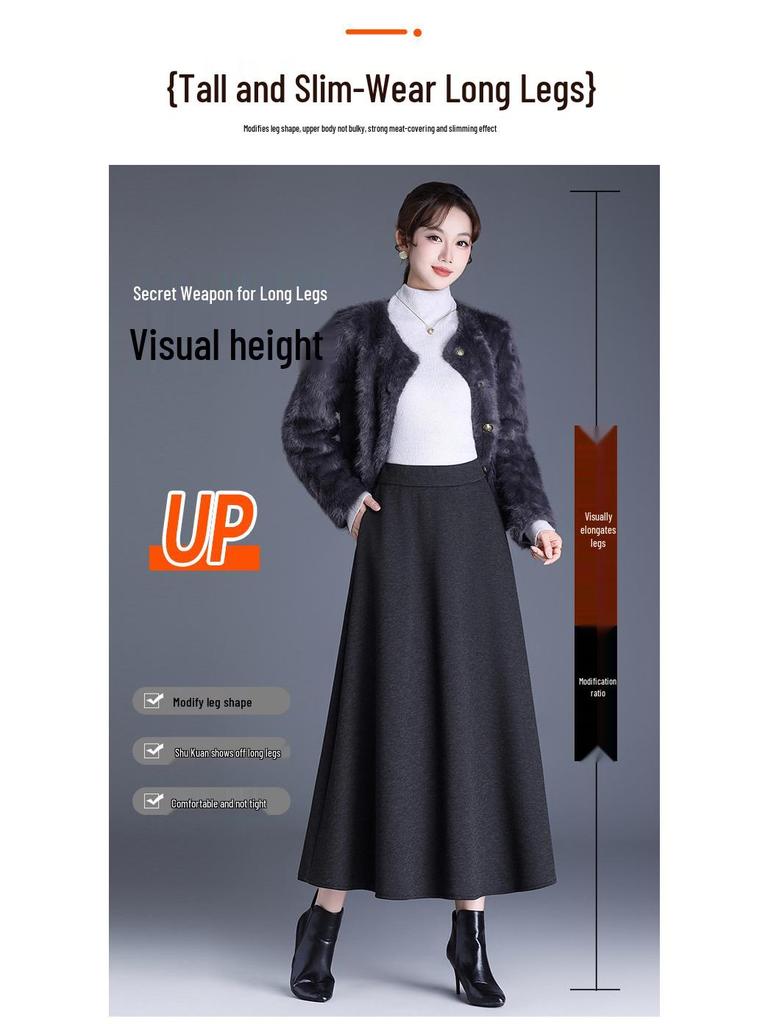 2025 Autumn/Winter Wool Cashmere High-Waisted A-Line Pocket Skirt, Mid-Length.