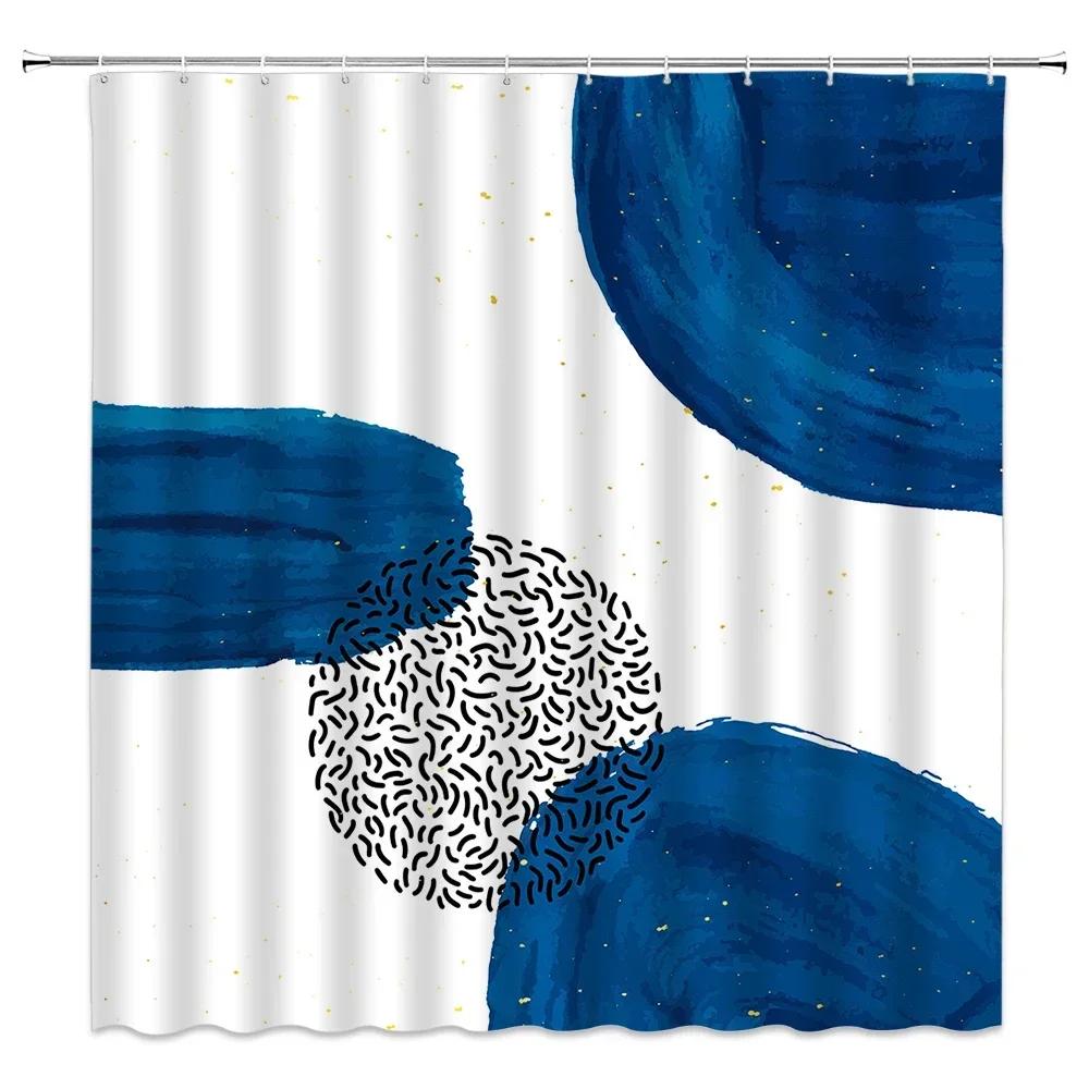 Blue Tone Shower Curtain, Mid Century Modern Lines Round Ribbed Animal Cat Tree Branch Bathroom Decorative Shower Curtains