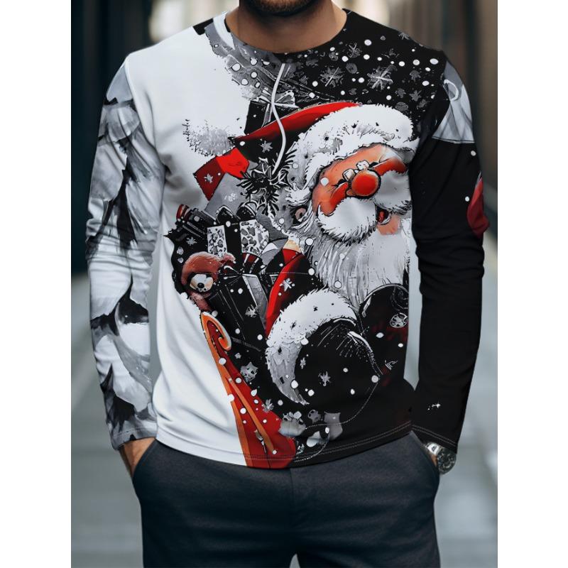 Men's long-sleeved T-shirt winter Christmas cartoon Santa Claus pattern round neck pullover bottoming shirt casual top