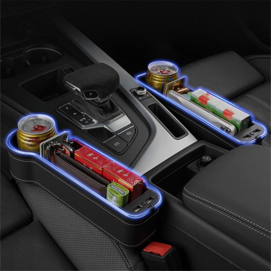 Led Atmosphere Light Car Seat Crevice Storage Box Usb QC3.0 Charging Port Seat B
