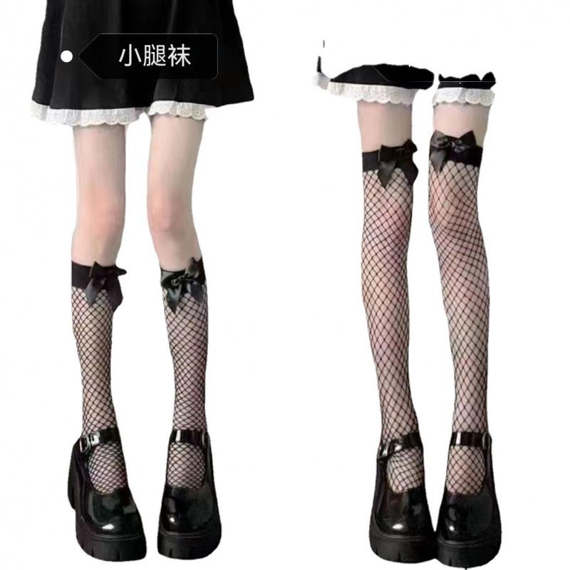 Over-the-Knee Fishnet Stockings for Women with Bowknot, Long Tube Stockings, Sexy and Pure Desire, Flirting Mid-Calf Fishnet Sto