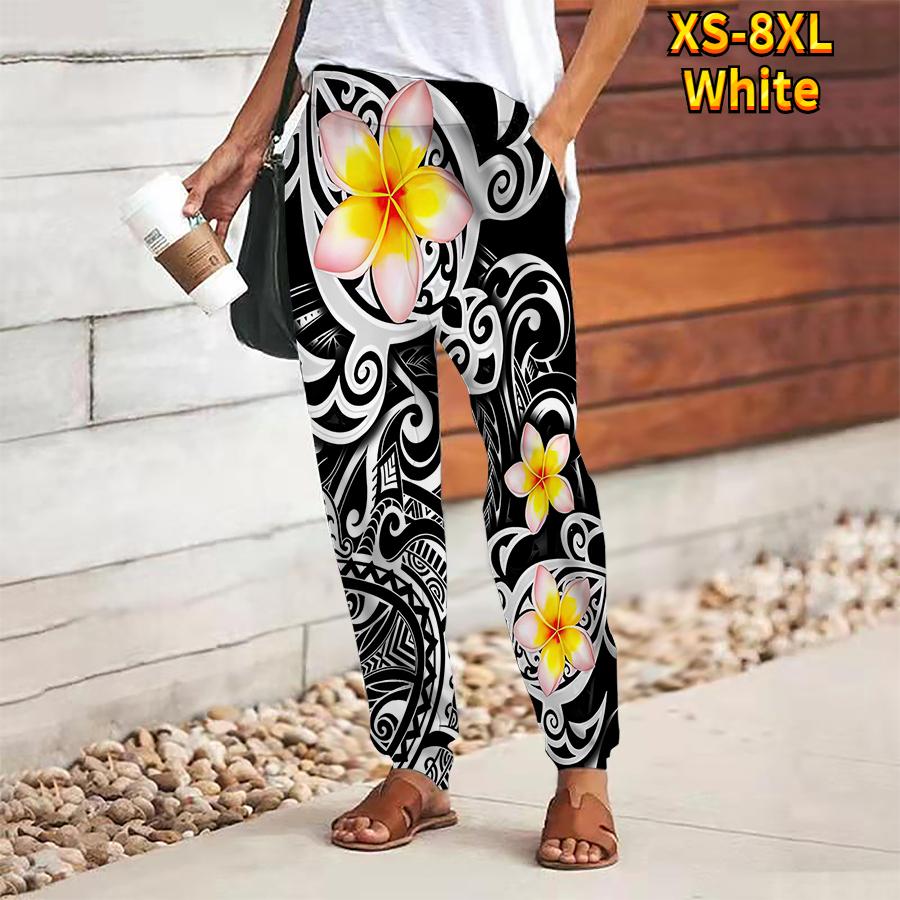 Women Flower Printing Pants Lace Up Elastic Waist Loose  Trousers Casual Long Pants Trousers with Pockets