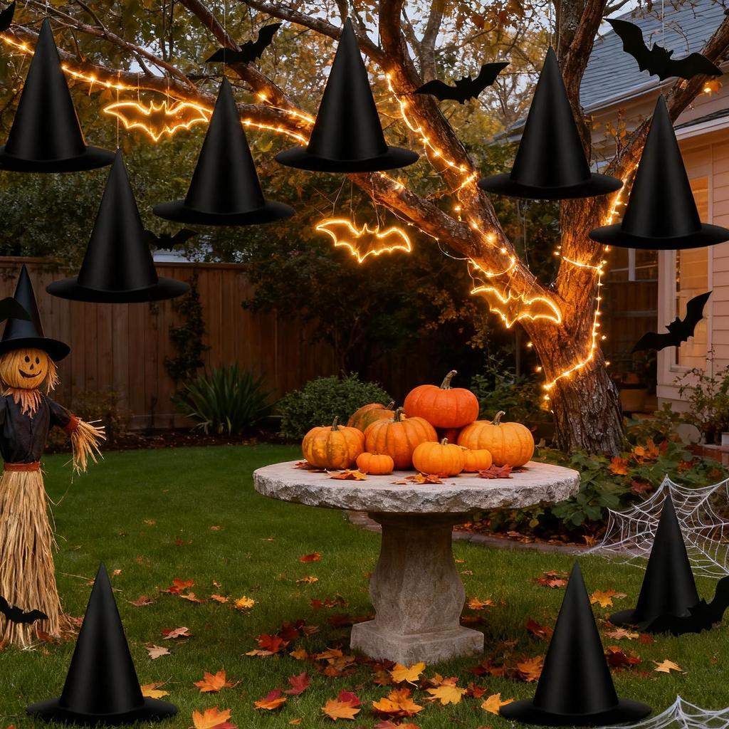 Halloween Witches Hat 12 Pieces Spooky Halloween Decorations With Bats Witch Hat Set With 164Ft Nylon Cord For Indoor Outdoor