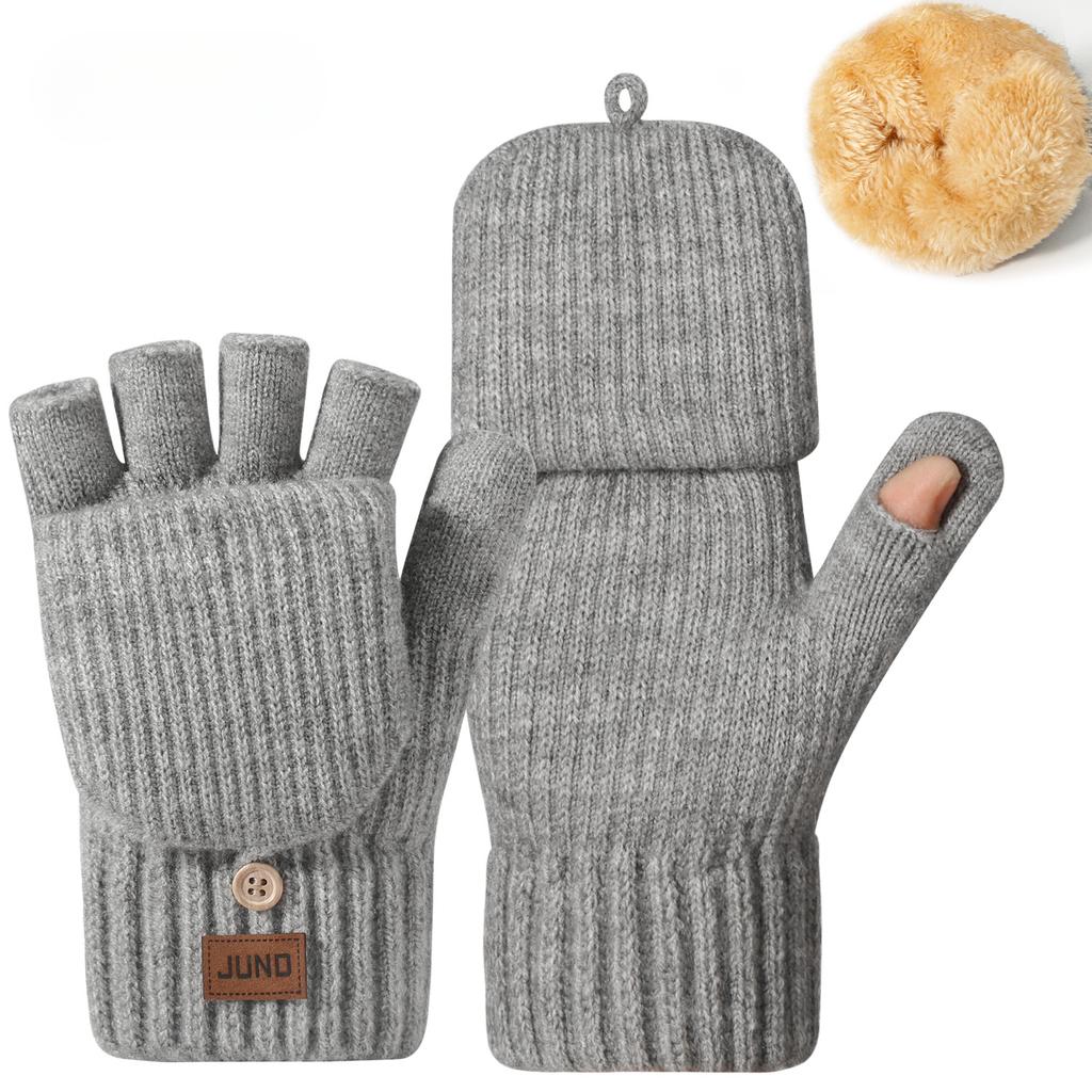 Thickened Half Finger Gloves In Autumn and Winter  Plus Velvet Knitted Cold and Warm  Half Part Writing Yarn Leaking Finger Gloves