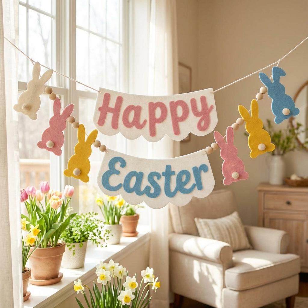 

2026 Happy Easter Bunny Wood Bead Garland Banner Fireplace Mantel Letter Decor Spring Home Easter Party Hanging Ornament
