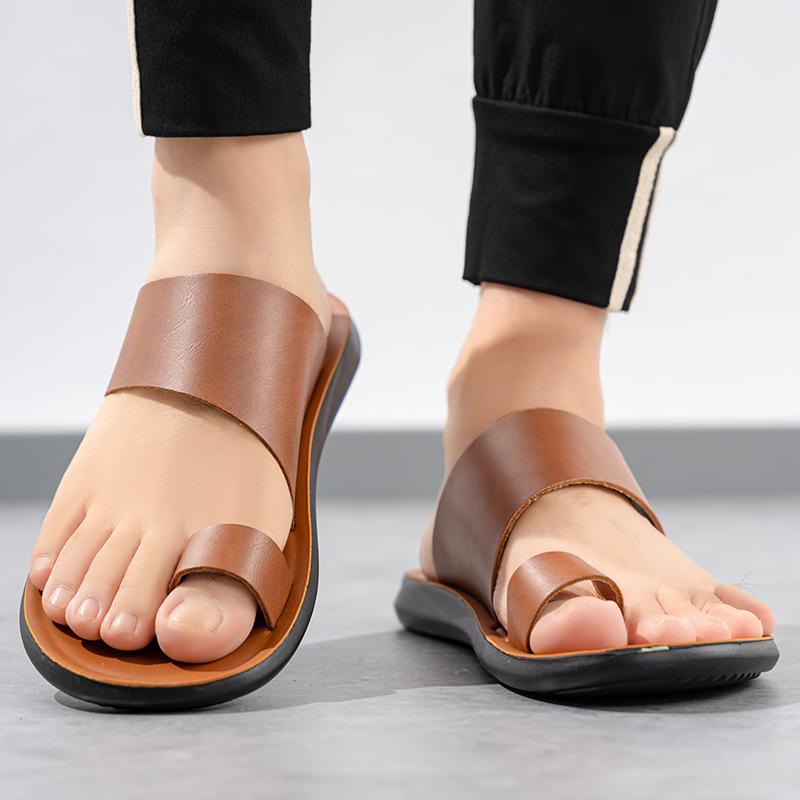 Men Brown Flip Flops Flats Slippers Summer White Sandals Retro Black Leather Beach Shoes Plus Size
