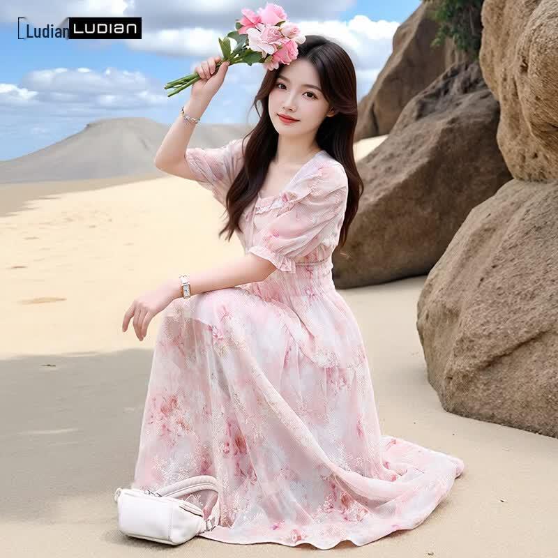 Women's Square Neck Floral Print A-Line Maxi Dress