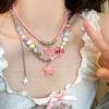 Color candy beaded necklace girl sweet girl pink star love pendant collarbone chain new