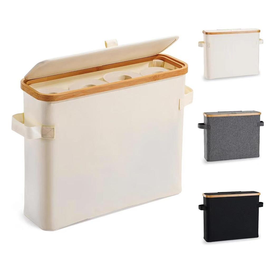 Modern Bamboo & Fabric Foldable Storage Basket with Lid for Paper Towels and Toiletries
