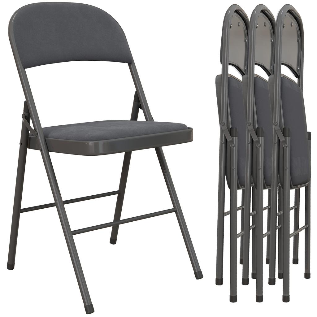 Folding Indoor Chairs, Set of 4, Velvet Seats, Steel Frame, Dark Grey