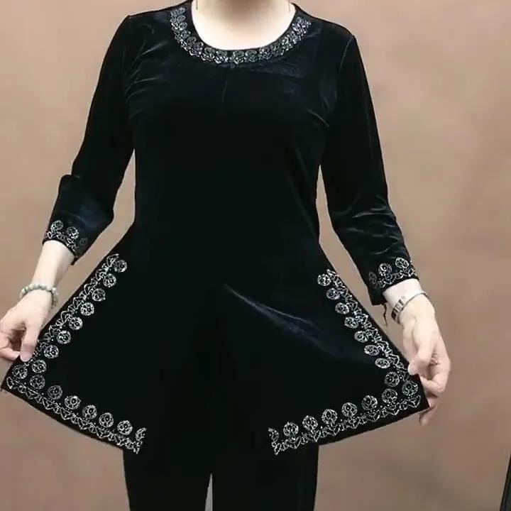 Damen Design Übergröße Chinesischer Stil Schlitz vorne Set Mom-Fit Lässig Rundhals-Oberteil + Hose Zweiteiliges Set