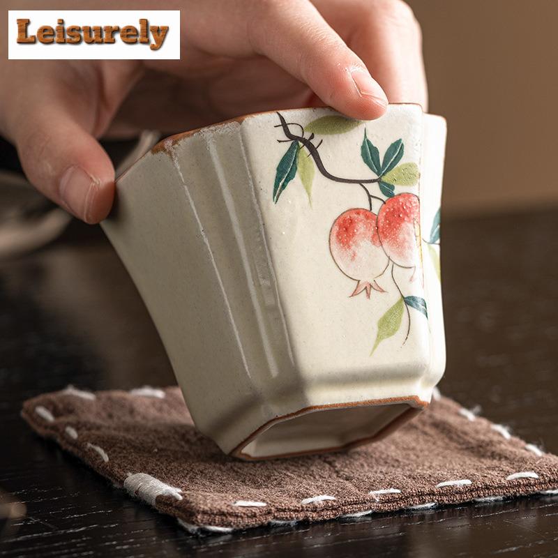 100ml Retro Cream Ru Kiln Ceramic Teacup Hand-painted Pomegranate Straight Mouth Cup Female Master Single Cup Kung Fu Tea Bowl