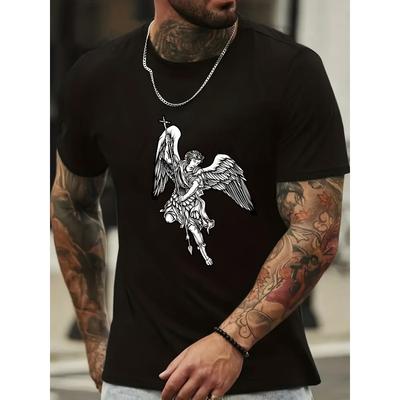 Europäische Größen Sommer Herren Lässig Stilvoll Kurzarm Print Dehnbar Gerippt Rundhals Bequem Atmungsaktiv T-Shirt