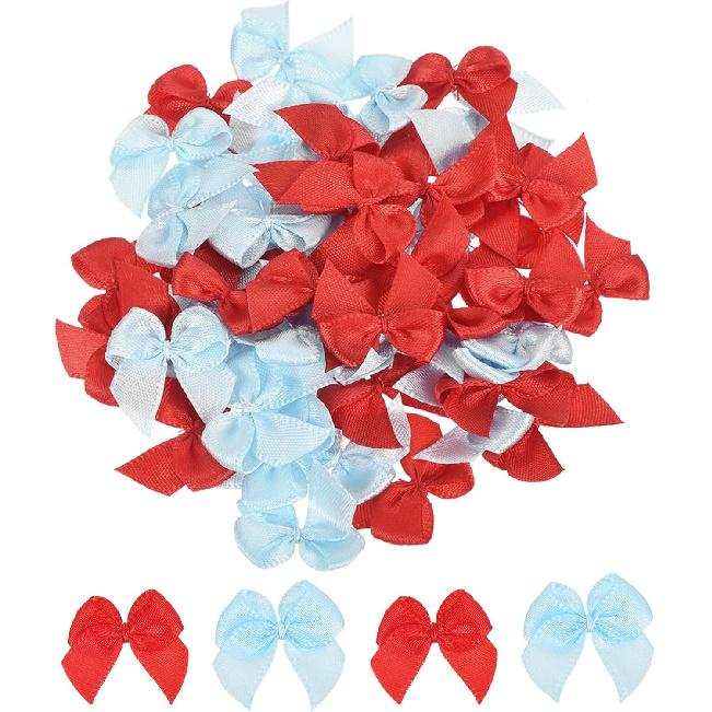 MECCANIXITY 50Pcs Mini Ribbon Bow 1" Mini Fabric Satin Ribbon Flower Bows for Craft DIY Sewing Wedding Birthday Party Pink & Blue