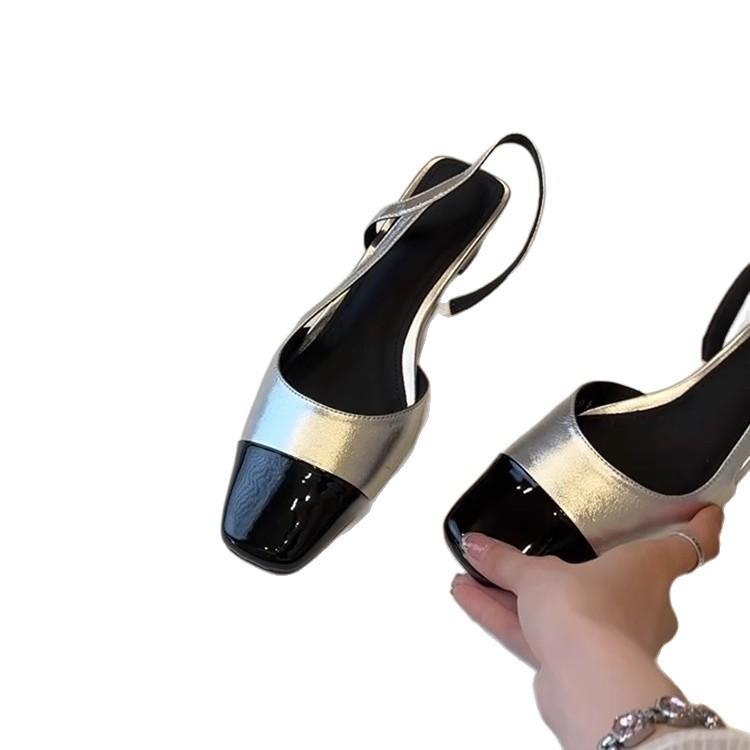 Soft Leather Edition~ French Black Low Heel Commuter Sandals Women's Fashion Casual Square Head Back Empty Leather Splicing Baotou Shoes