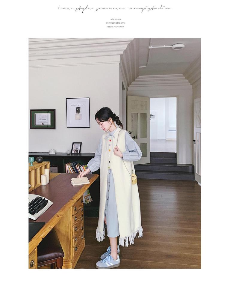 Women's Spring 2025 Playful Two-Piece: Colorful Button Shirt Dress & Tassel Knit Vest Suit