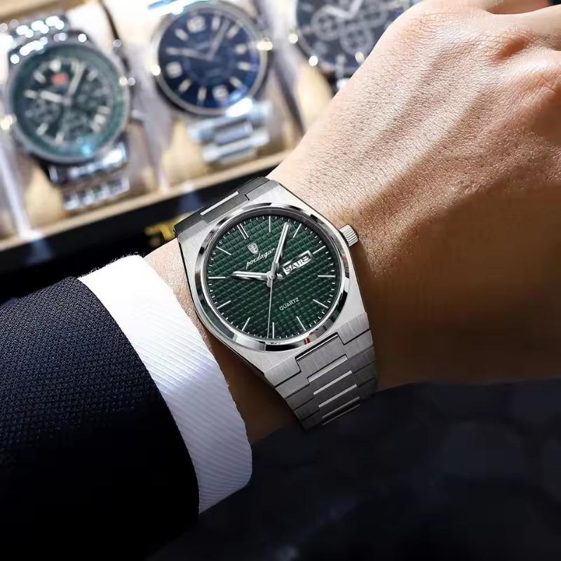 POEDAGAR Luxury Business Men's Quartz Watches Date Week Man Stainless Steel Watch Waterproof Luminous Fashion Wristwatch+Box