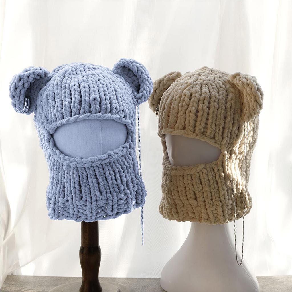 Bärenohren Wintermütze für Erwachsene Handgestrickte Sturmhaube Mütze Neuheit Partyhut für Mädchen Plüsch Gesichtsmaske Hut Modeaccessoires