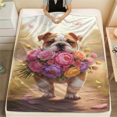 1Pc DogsandFlowers Print Flannel Blanket, High Quality Comfortable for All Seasons, Home Decor, Warmth and Comfort, Perfect for Christmas Gifts