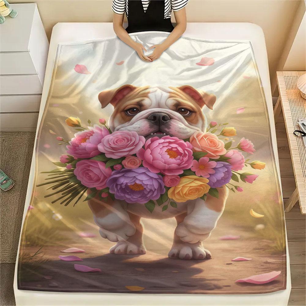 1Pc DogsandFlowers Print Flannel Blanket, High quality Comfortable for All Seasons, Home Decor, Warmth and Comfort, Perfect for Christmas Gifts