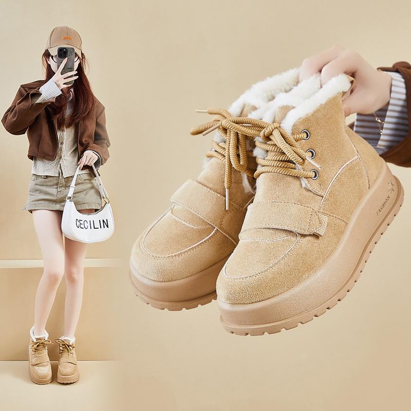 Women's Winter Warm Snow Boots Fuzzy Faux Suede Walking Shoes for Women Casual Anti-Slip Comfortable Chunky Platform Short Booties With Faux Fur Lined