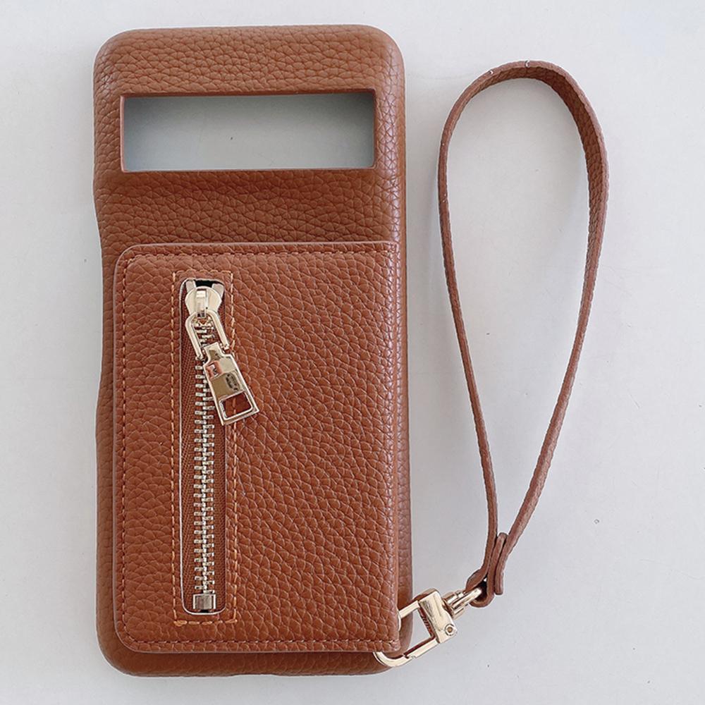 For Google Pixel 8 Pro Case Card Slots Kickstand PU Leather Back Cover with Zipper Pocket,Wrist Strap