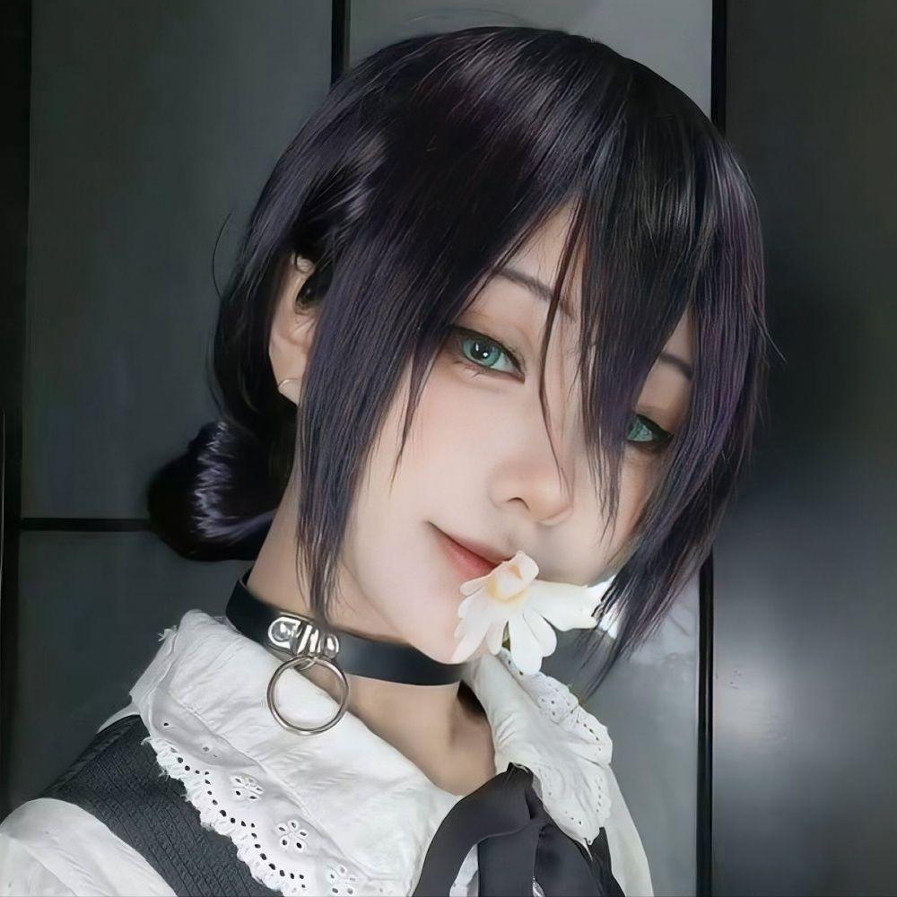 Anime Cosplay Wig, Reze Purple Low Bun Short Hair High-Temperature Fiber Synthetic Hairpiece