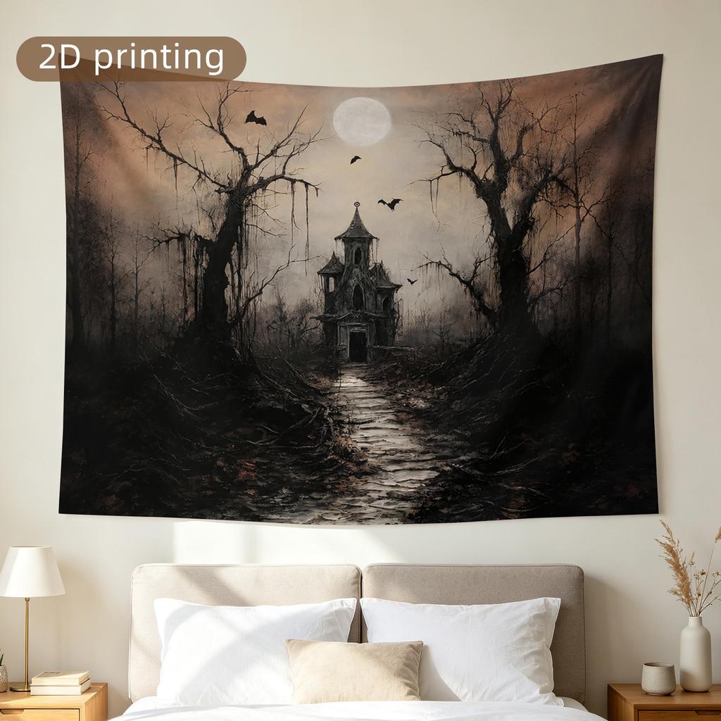 Mysterious Gothic Haunted Forest Moonlit Tapestry Wall Hanging Home Decor Spooky Halloween Artwork Polyester Print Large Size De