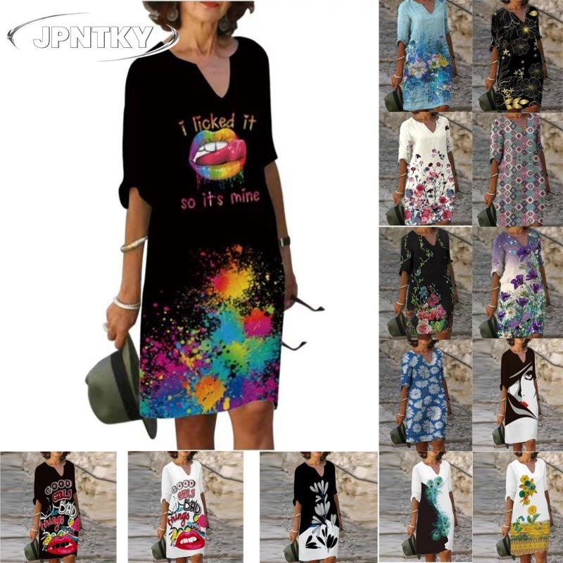 JPNTKY Fashion Summer Spring 1/2 Sleeves V-Neck Casual Dresses