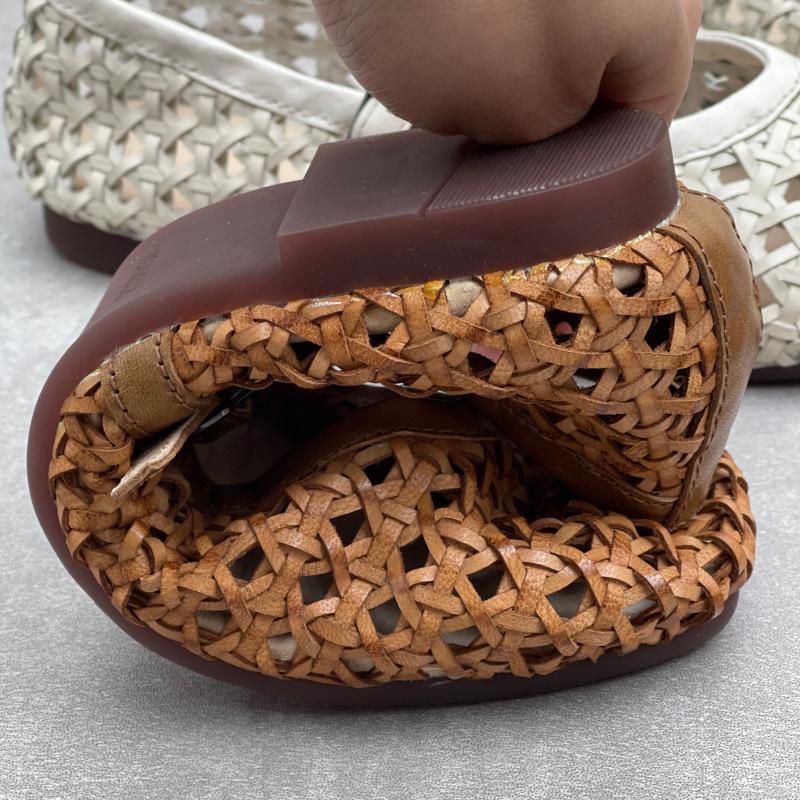 Johnature Handmade Cowhide Woven Hollow Women's Shoes Breathable Comfortable Genuine Leather Flat Sandals