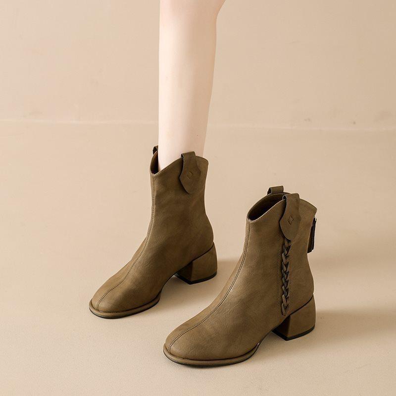 Versatile Coarse Heel Frosted Leather Rear Zipper Retro 2025 Fringed Autumn and Winter New High-heeled Short Boots Martin Boots Short Boots Women