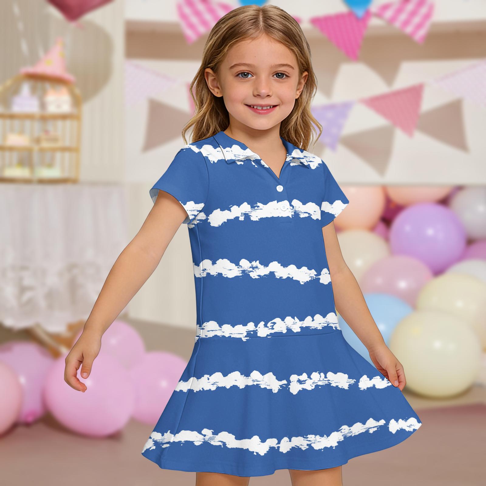 

Girls Short Sleeve Polo Dress with Striped Pattern and Pockets Casual Comfortable Fit Lightweight Fabric 140 синий
