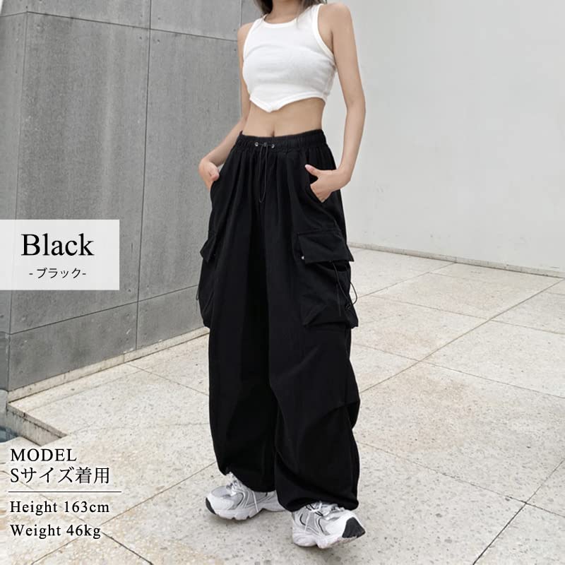 Teddy Cargo Loose Wide Cropped Street Pants510 Women's Pants, Fit, Leg, Lightweight, Length, Style, Spring/Autumn, (M, Black)