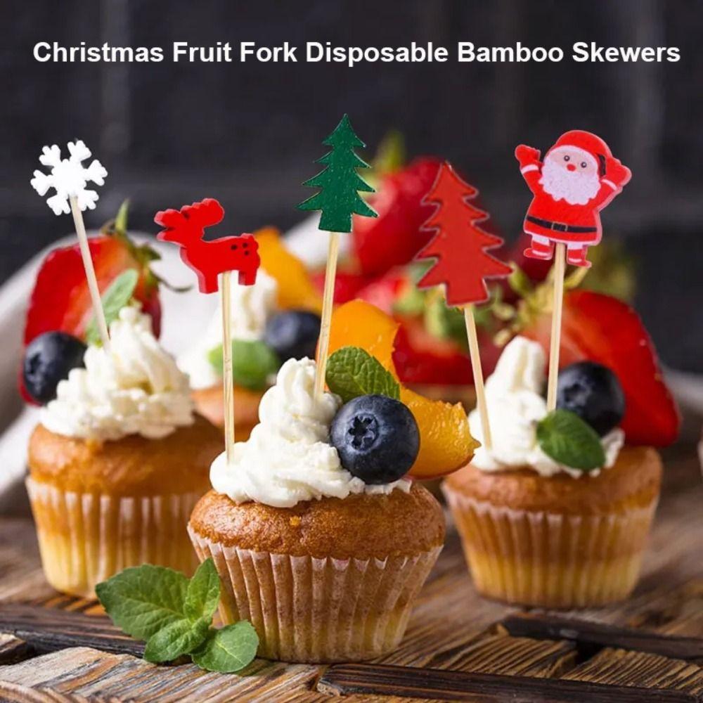 50/100Pcs Disposable Christmas Fruit Picks Santa Claus Fruit Salad Bamboo Sticks  Dessert