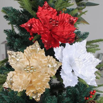 Christmas Glitter Artificial Golden Holiday Flower with Stem Red White Decoration Reusable Wired Xmas Tree