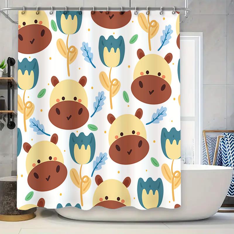 

Animal Pattern Shower Curtain Cute Cow And Tulip Design For Bathroom Decor Waterproof Fabric With Hook Rings Various Sizes Avail W60H190(CM)-1 Pcs