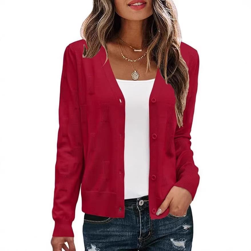 European and American foreign trade slim-fitting long-sleeved V-neck knitted sweater top sweater cardigan jacket women