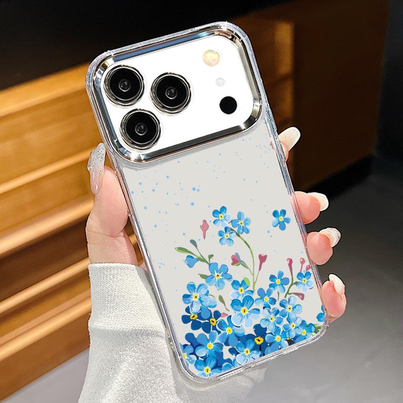 

Чехол с покрытием и рамкой для камеры для iPhone 17 Pro Max Сине-фиолетовый цветочный узор Прозрачная мягкая крышка для iPhone 16 15 14 13 Pro Max 11 16E 17E iPhone 15 прозрачный