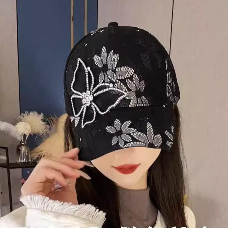 Women's New Style Lace Diamond-embellished Mesh Butterfly Baseball Cap Summer Fashionable Sun Protection Sun Hat