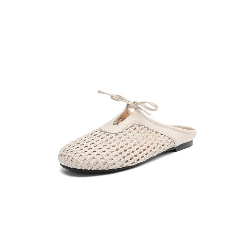 Fashion Women's new summer leather cowhide lace up bow, low heel, round head, hollowed out breathable toe, Mueller slippers