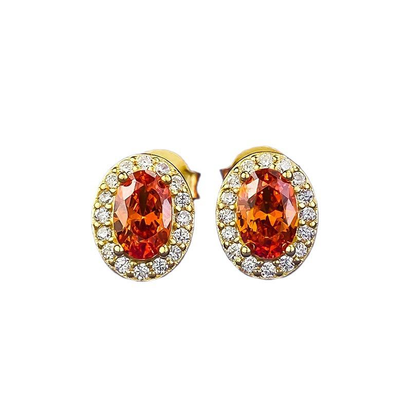 Xiancan 925 Silver Gold-Plated Fanta Orange Oval Stud Earrings, European & American Style, Simple & Versatile Fashion.