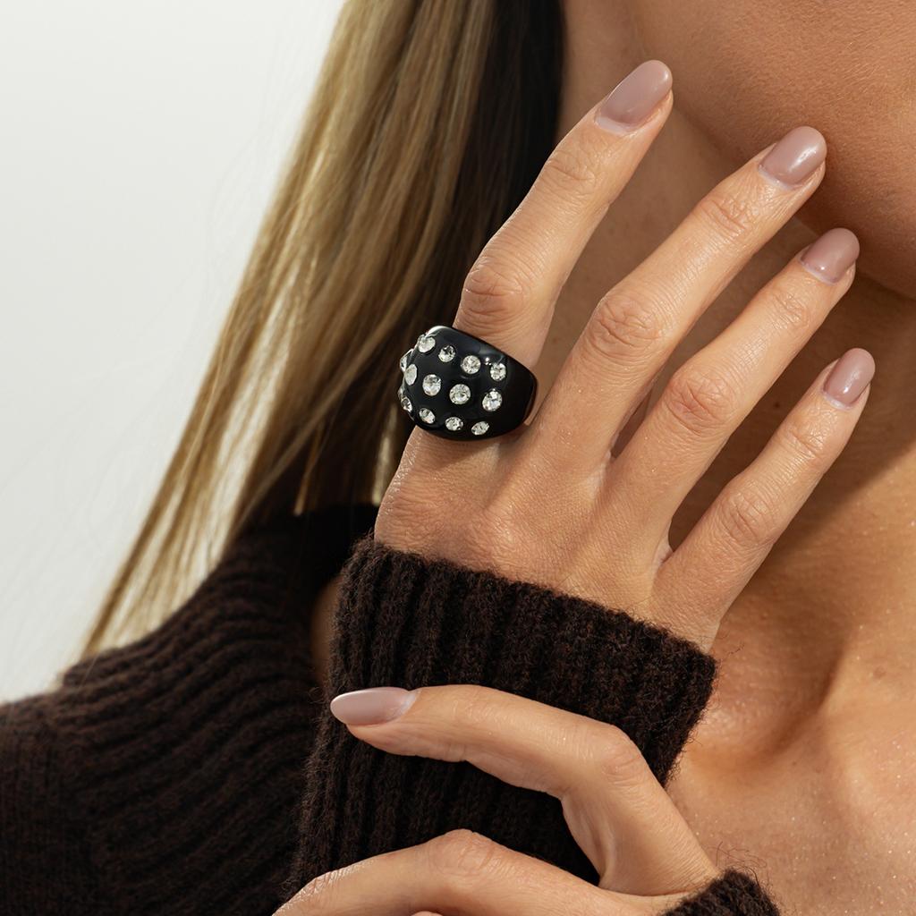 Exaggerated Punk Rivets Geometric Inlay Rhinestone Resin Wide-faced Adjustable Opening Rings for Women Retro Personality Jewelry