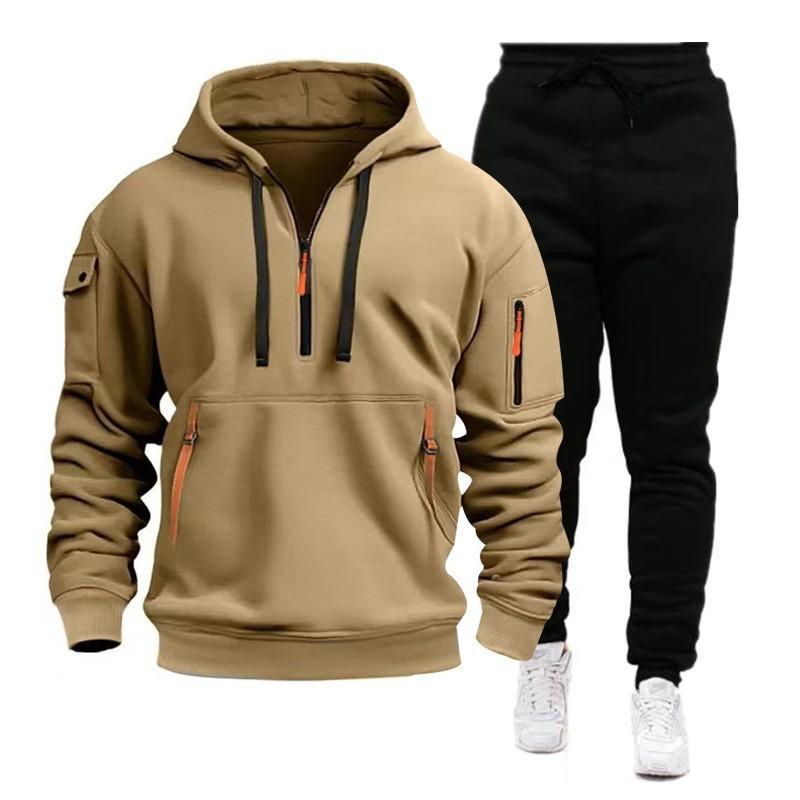 2024 Autumn/Winter Sports Sweatshirt Set for Men, Multi-Pocket Zipper Hoodie, Sportswear Set, Sweatpants Plain Board