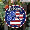 2D Flat Welcome 4th of July Dog Cat Paw Prints Aluminum Sign, Patriotic America Aluminum Sign Door Hanger Outdoor/Indoor Decor, for Home, Office